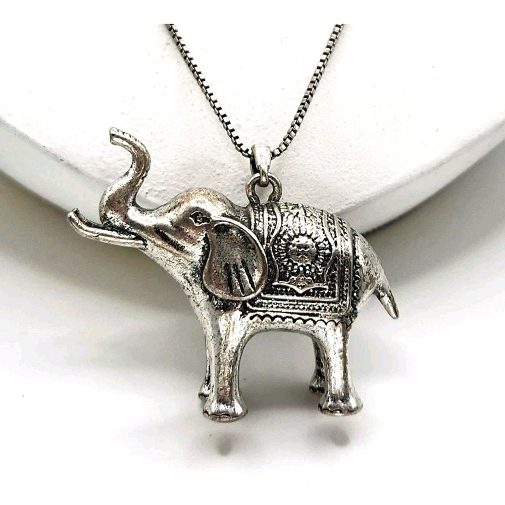 Silver Toned Lucky Elephant Necklace 30in Box Chain Large 2in Pendant Statement